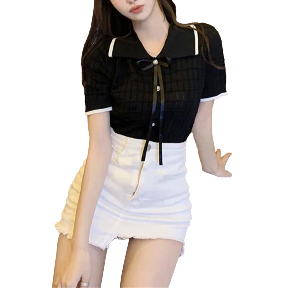 Women Knitted Turn Down Collar Blouse Single Breasted Short Sleeve Plaid Tie Front Elegant Top Black Free Size 77.2‑132.3lb