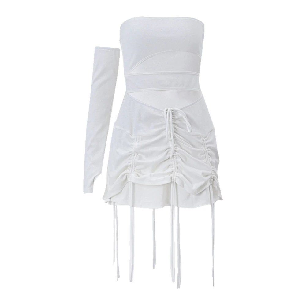 Single Sleeve Dress with Drawstring Straight Neck Fashionable Dress Pleat Design White White L