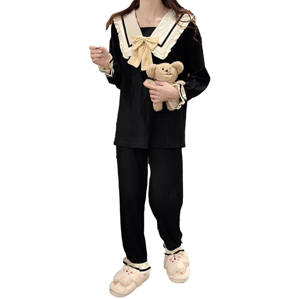 Long Sleeve Pullover Leisure Wear Jammies Ruffle Cuff Sleepwear Set for Spring Autumn Winter Black Letter 2XL