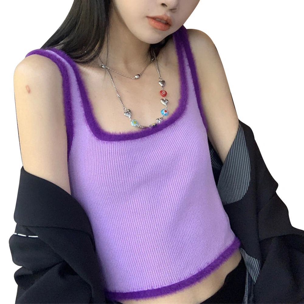 Woman Sleeveless Knit Vest Square Neck Slim Fit Short Solid Color Strap Crop Vest with Plush Stitching Purple 37.5‑60kg Recommended Weight