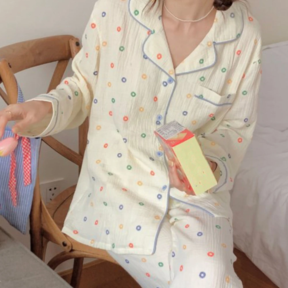 Women Long Sleeve Pajamas Set Cute Style Turn Down Collar Full Length Pants Sleep Wear Colored Dot XXL