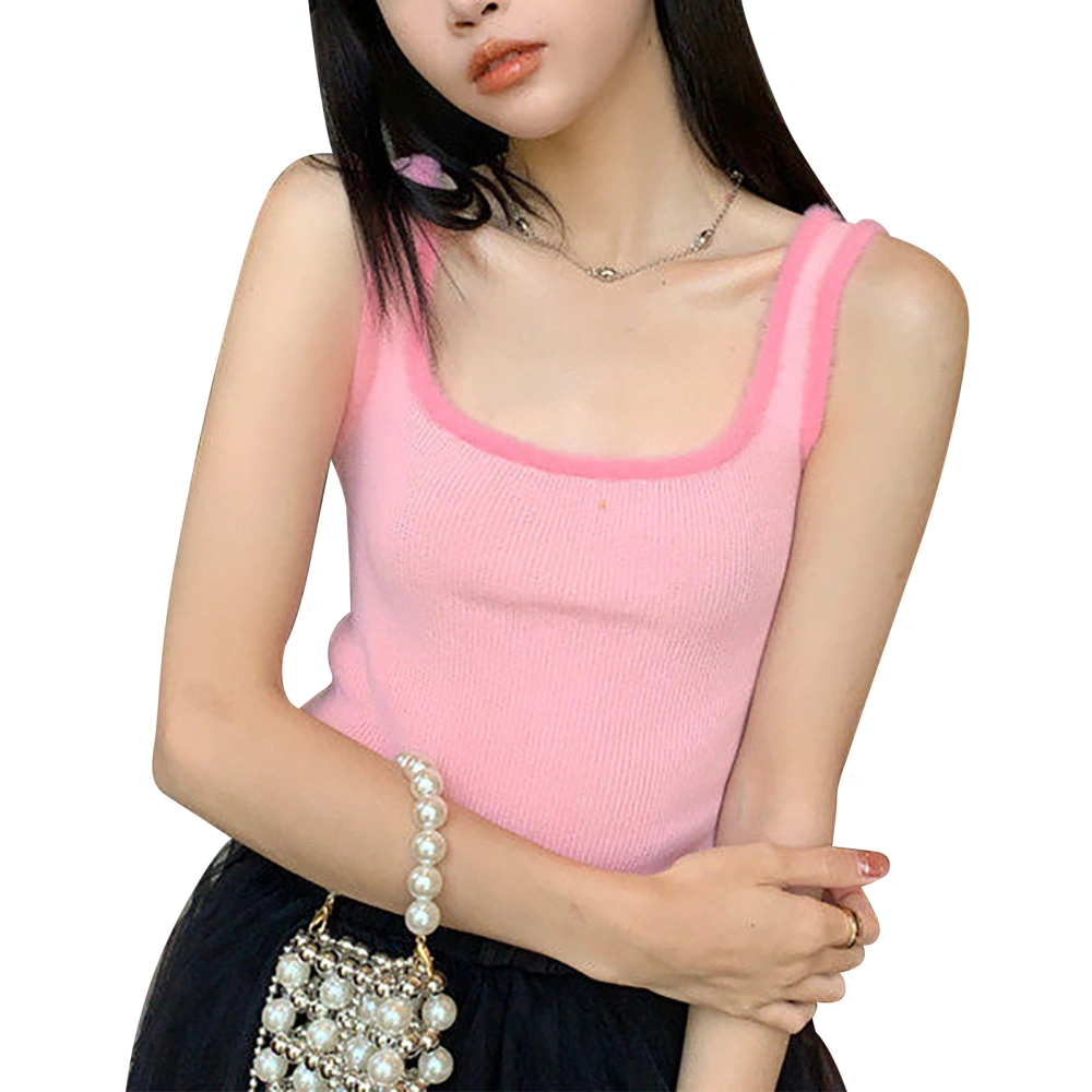 Woman Sleeveless Knit Vest Square Neck Slim Fit Short Solid Color Strap Crop Vest with Plush Stitching Pink 37.5‑60kg Recommended Weight