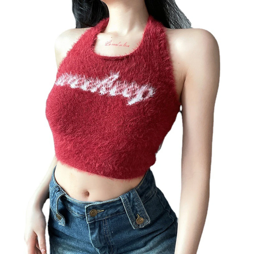 Knit Halter Vest High Waist Short Style Alphabet Pattern Comfortable Touch Breathable Fashionable for Women Red Free Size 45cm/17.71in 40‑60kg