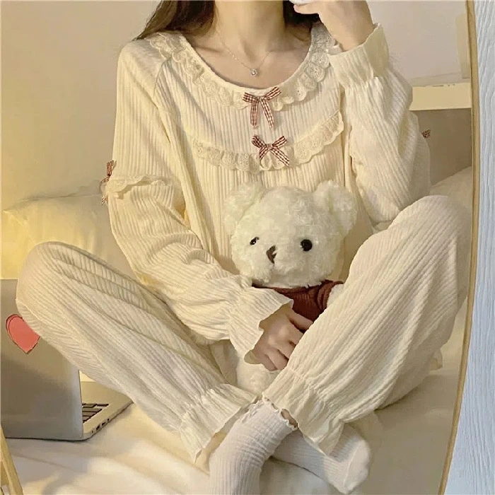 Women Pajama Set 2 Pieces Loungewear Long Sleeves Top Pants Clothing for Fall Autumn White L