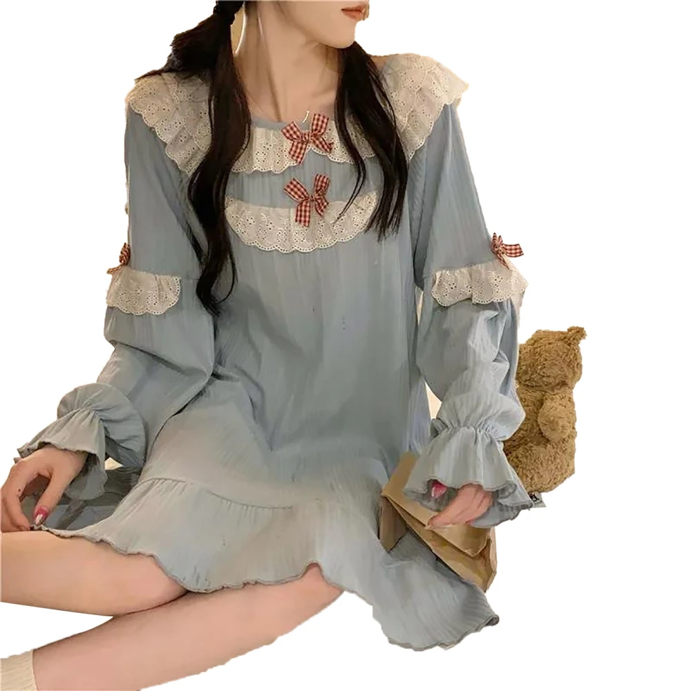 Long Sleeve Nightdress Women Nightgown Pajama Lovely Style Sweet Bow Thin Household Supplies Sky Blue L