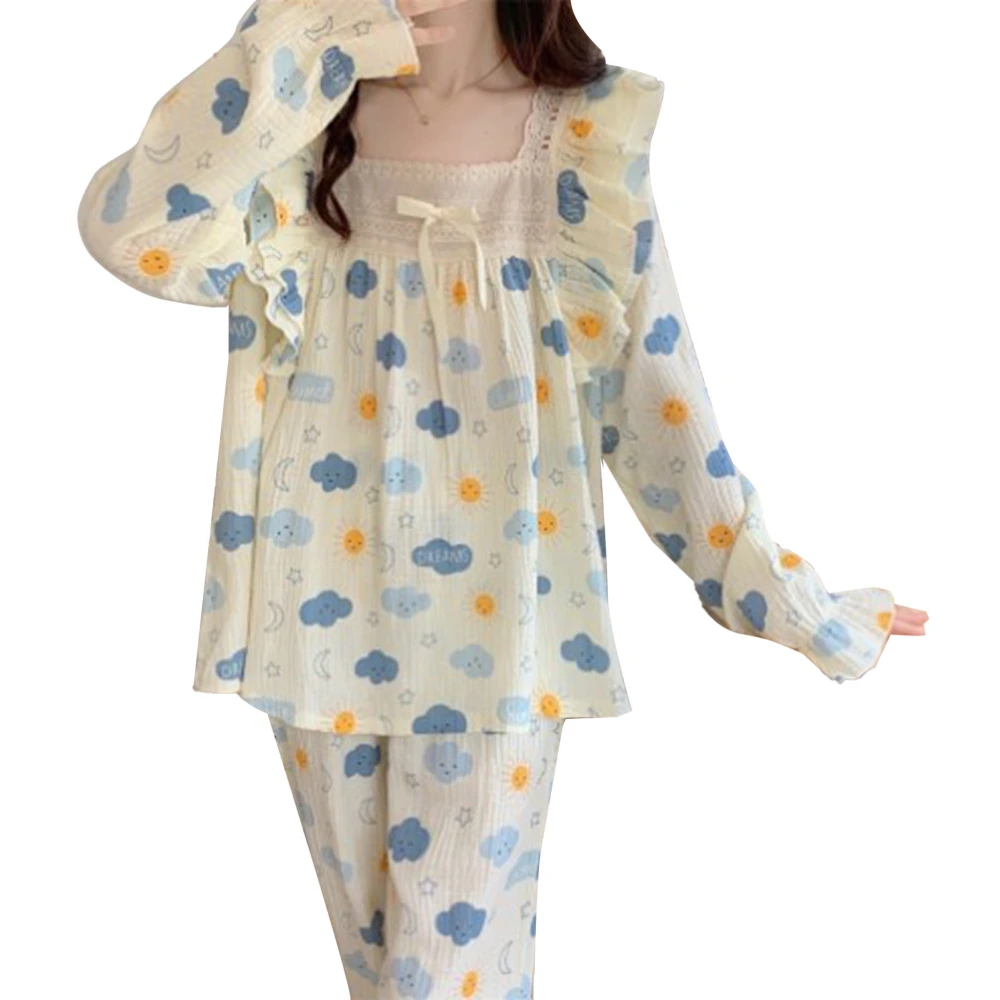 Women Long Sleeve Pajama Set Cute Cloud Bow Tie Moderate Thickness Stretchy Women Nightwear for Winter Cloud XXL