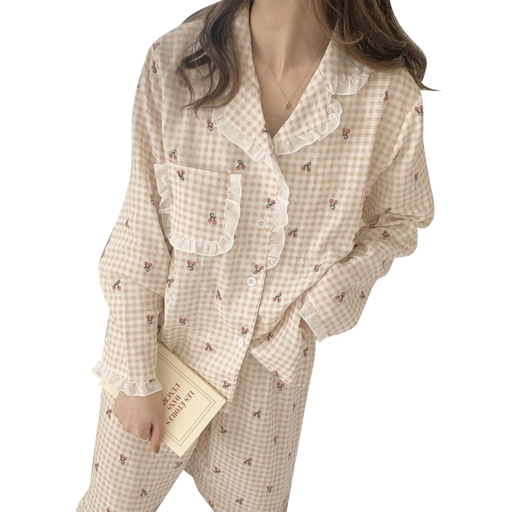 Pajamas Set Cute Cherry Pattern Dotted Long Sleeve Open Front Loose Sleep Set Sleepwear Apricot Color XL for 57.5‑65kg