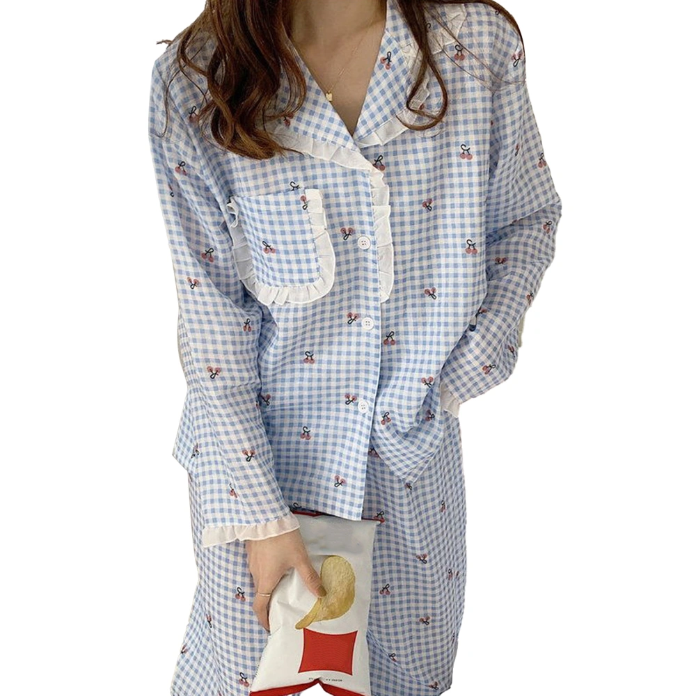 Pajamas Set Cute Cherry Pattern Dotted Long Sleeve Open Front Loose Sleep Set Sleepwear Blue L for 50‑57.5kg