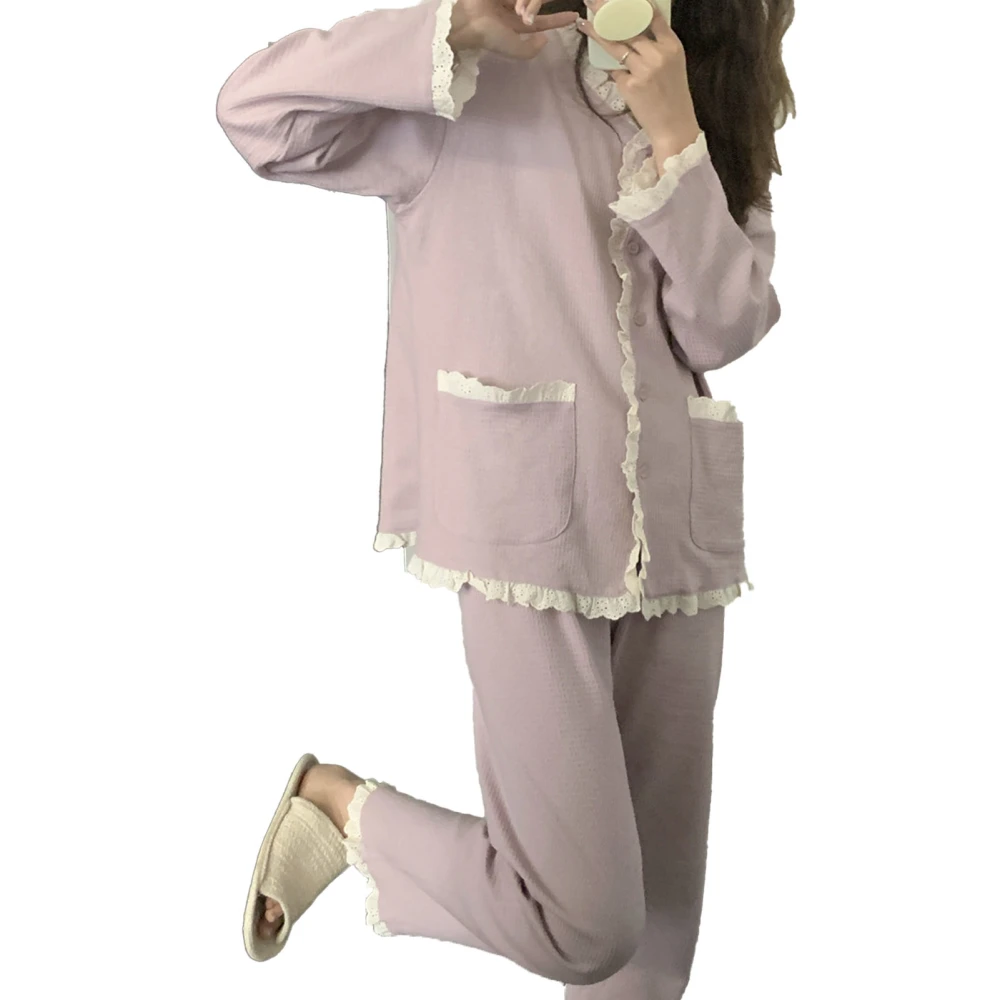 Women Pajamas Set Sweet Cute Lace Decor Long Sleeve Button Top and Pant 2 Piece Sleepwear Cameo Brown M