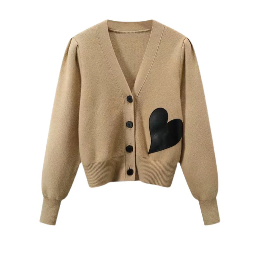 Women Knitted Sweater Long Sleeve V Neck Love Heart Pattern Slim Fashionable Comfortable for Early Autumn Khaki Free Size