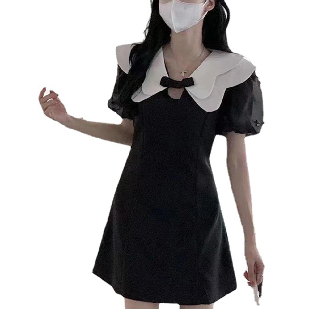 Short Dress Short Sleeve Doll Collar Breathable A Line Mini Dress for Home School Daily Wear Black S