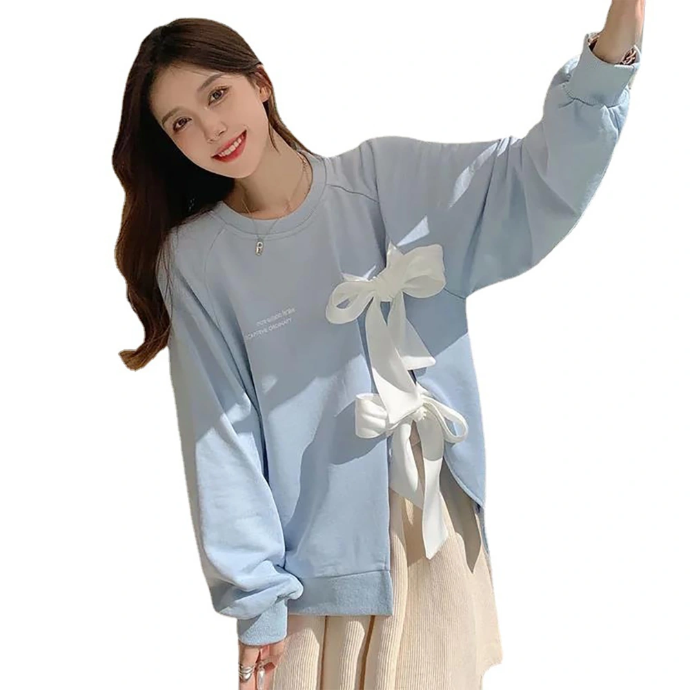 Long Sleeve Pullover Blouse Round Collar White Bow Belt Tunic Split Casual Sweatshirt Blouse Top Blue L