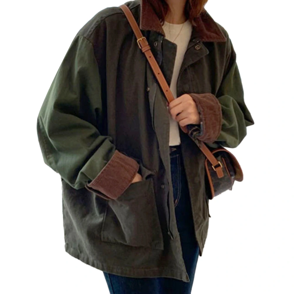 Women Jacket Turn Down Collar Zipper Snap Button Closure Loose Fit Lady Autumn Coat with Pockets for Daily Commuting OD Green L