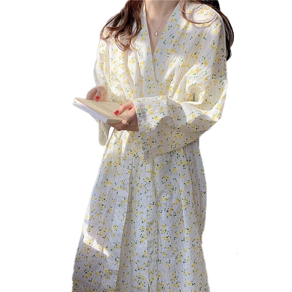 Long Sleeve Night Dress Women Soft Cotton Jacquard Sleepwear Floral Print House Sleepdress White Free Size