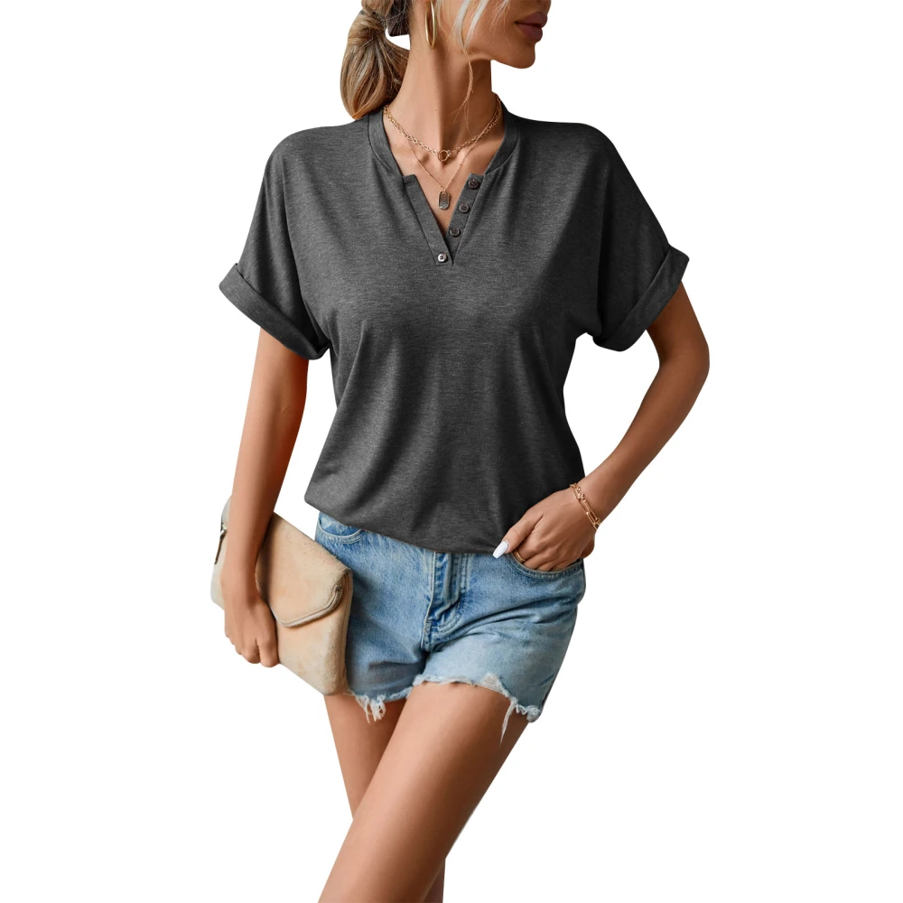 Women T Shirt Short Sleeve Button Decoration V Neck Pure Color Lady Pullover Top for Work Daily Shopping Dark Gray S