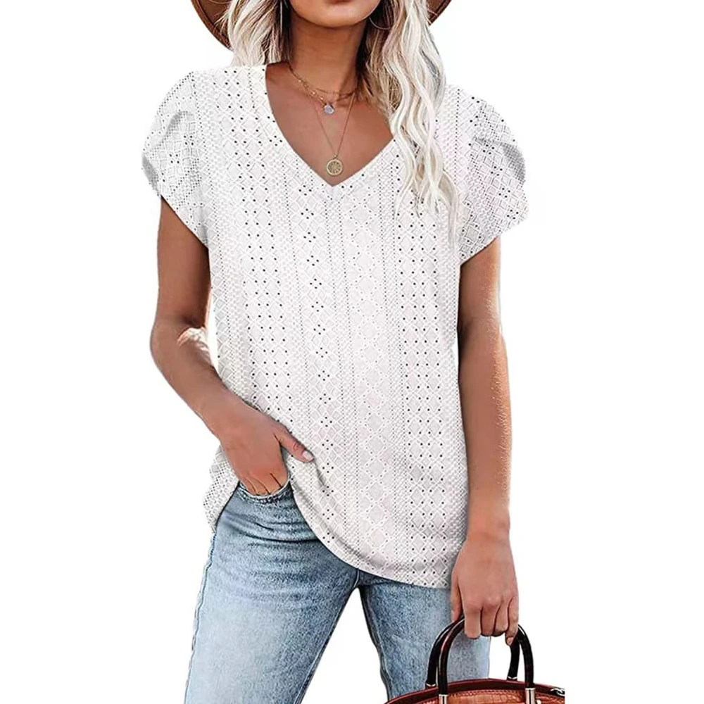 Women Short Petal Sleeve Top Hollow Out Holes V Neck Loose Type Casual T Shirt for Summer Wear White XL