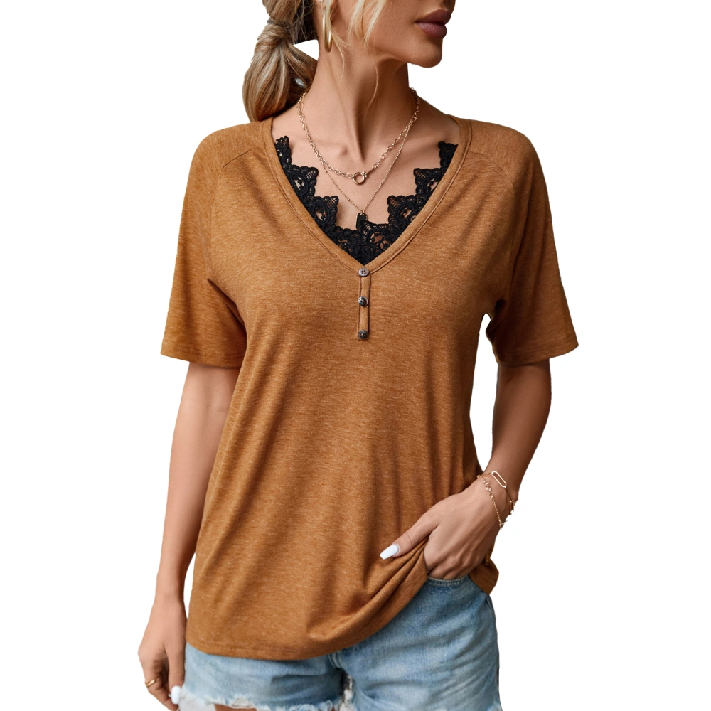 Women Lace V Neck Short Sleeve Shirt Summer Fashion Casual Slimming Women Summer Short Sleeve Blouse Orange L