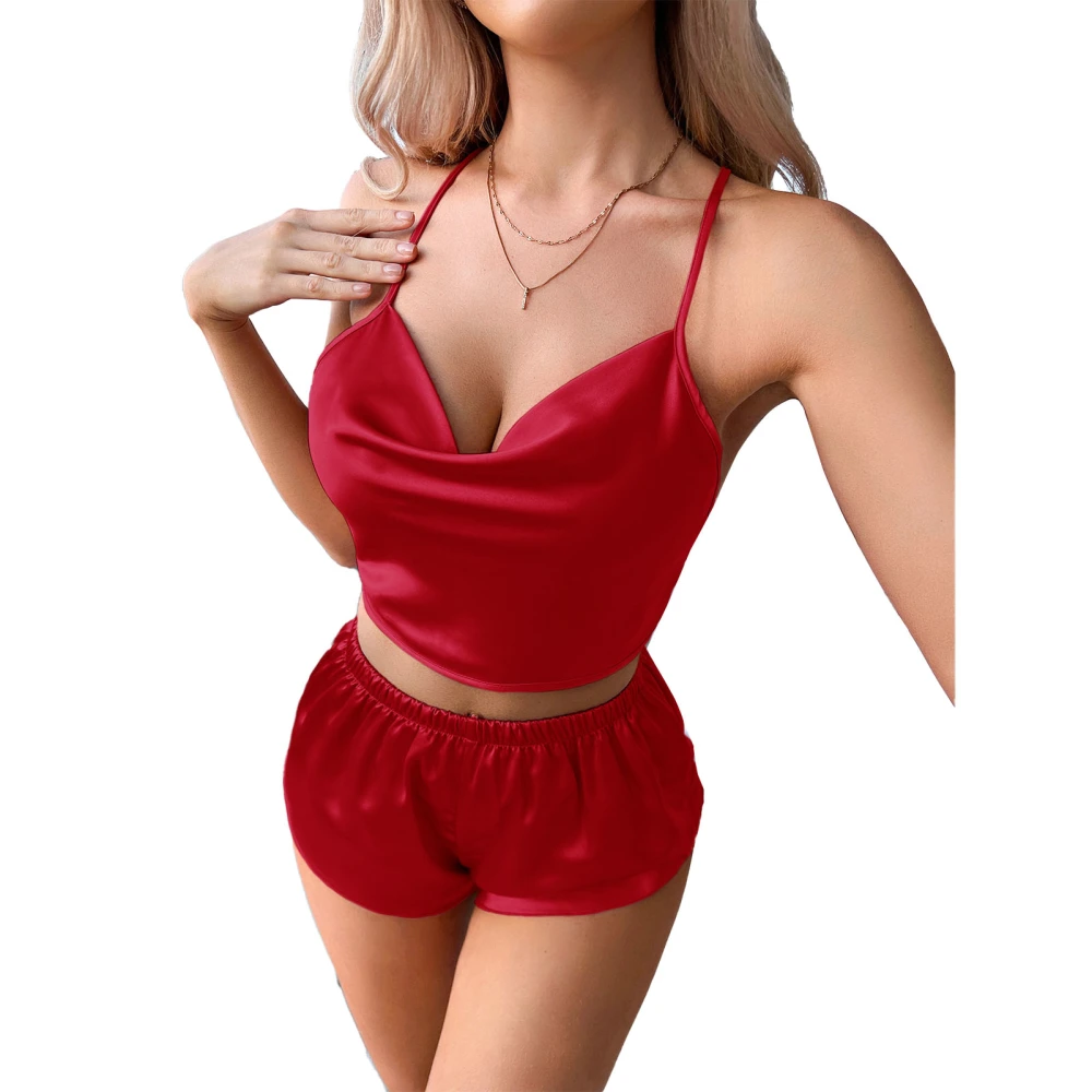 2 Piece Lingerie Sleepwear Spaghetti Strap V Neck Cross Tied Open Back Top Elastic High Waist Shorts Women Pajamas Set Red M