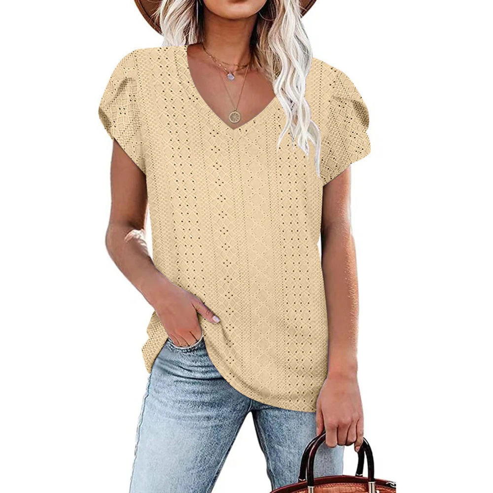 Women Short Petal Sleeve Top Hollow Out Holes V Neck Loose Type Casual T Shirt for Summer Wear Yellow XXL