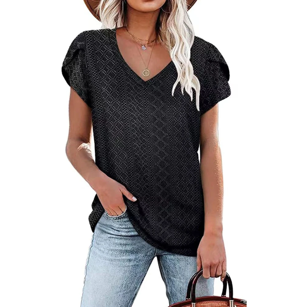 Women Short Petal Sleeve Top Hollow Out Holes V Neck Loose Type Casual T Shirt for Summer Wear Black S