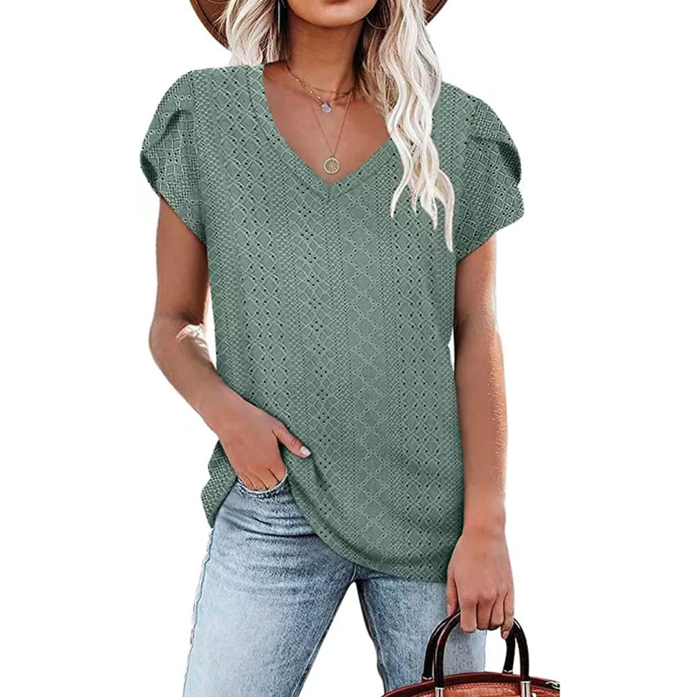 Women Short Petal Sleeve Top Hollow Out Holes V Neck Loose Type Casual T Shirt for Summer Wear Dark Green XL