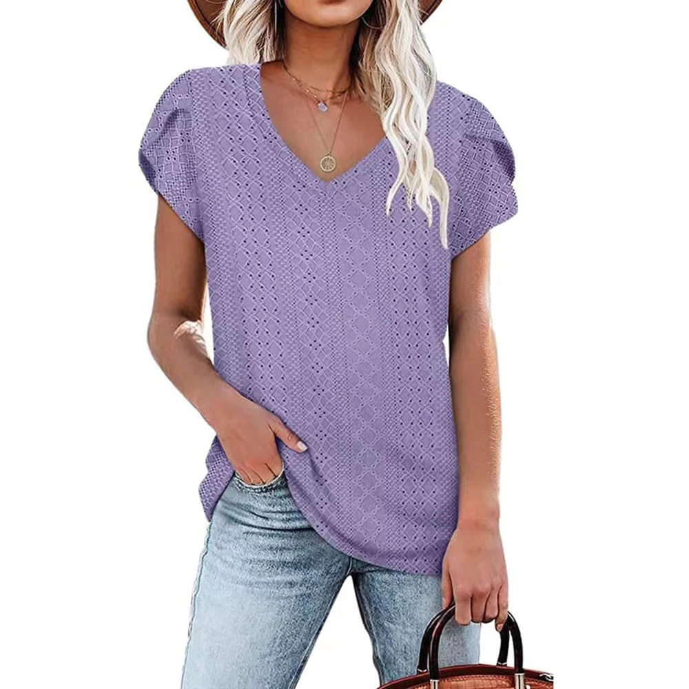 Women Short Petal Sleeve Top Hollow Out Holes V Neck Loose Type Casual T Shirt for Summer Wear Purple XL