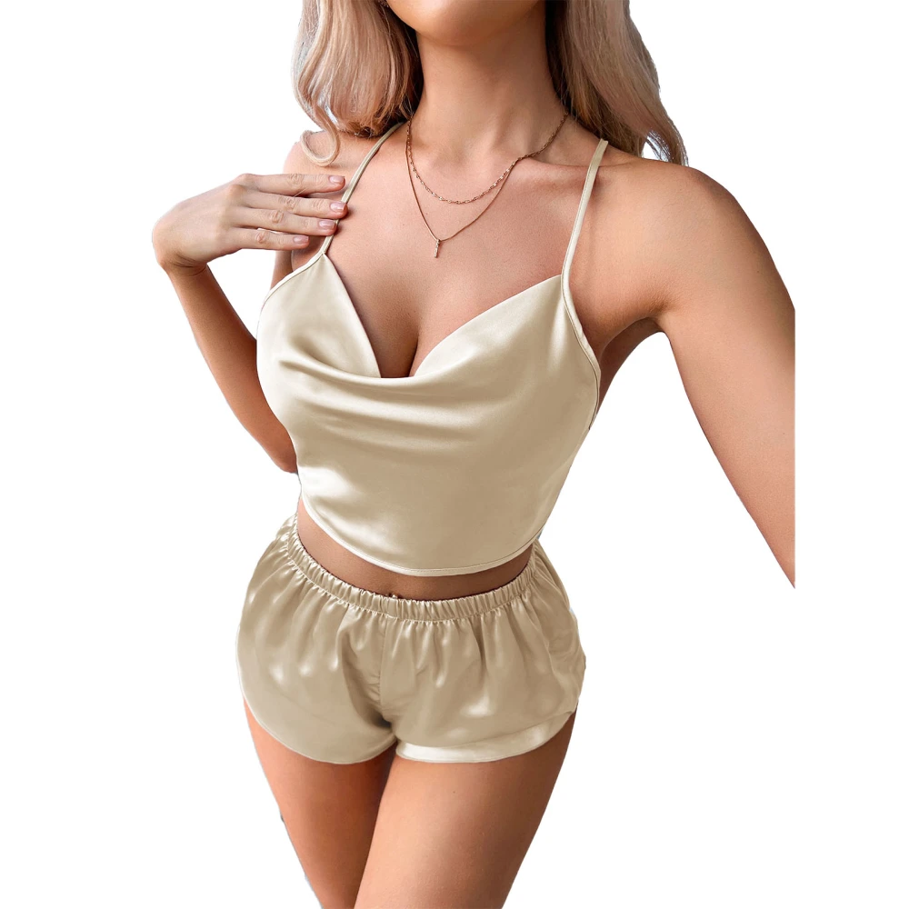 2 Piece Lingerie Sleepwear Spaghetti Strap V Neck Cross Tied Open Back Top Elastic High Waist Shorts Women Pajamas Set Khaki L