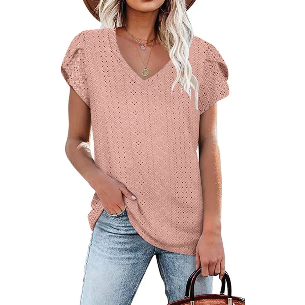 Women Short Petal Sleeve Top Hollow Out Holes V Neck Loose Type Casual T Shirt for Summer Wear Leather Pink M