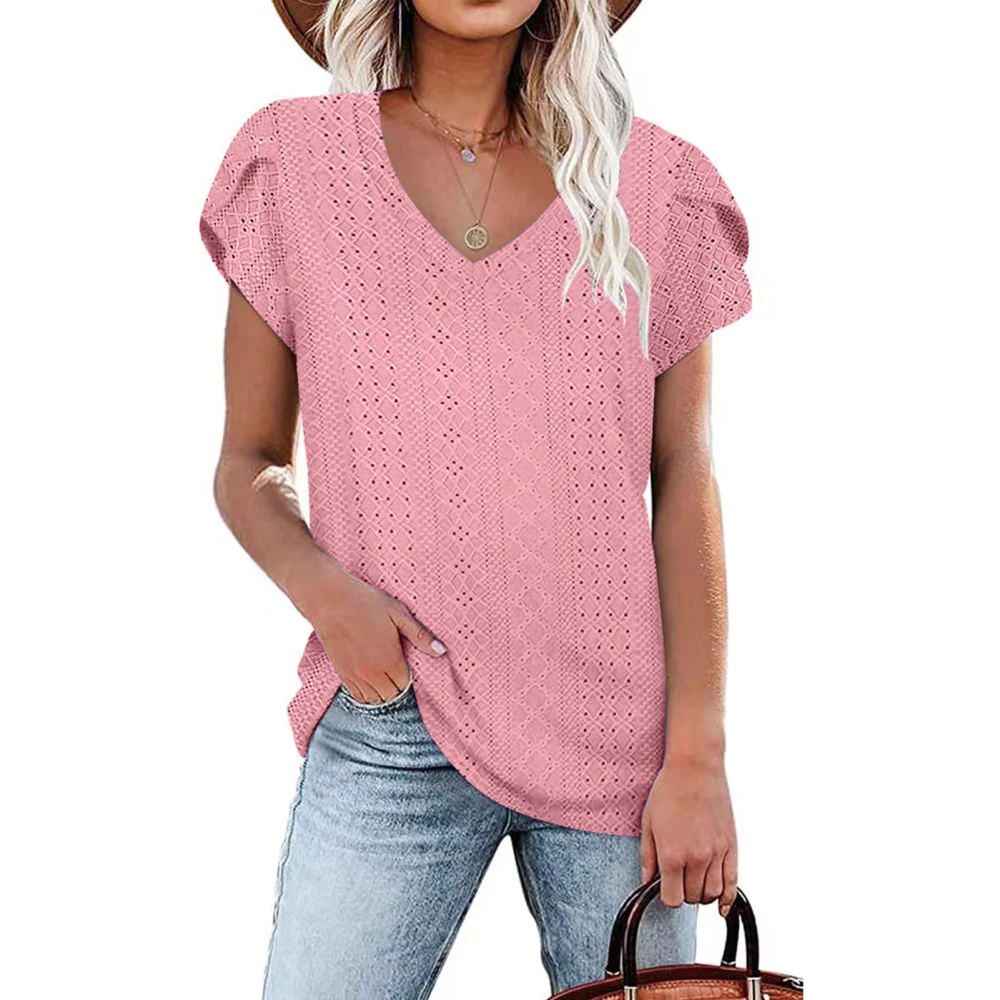 Women Short Petal Sleeve Top Hollow Out Holes V Neck Loose Type Casual T Shirt for Summer Wear Pink XL