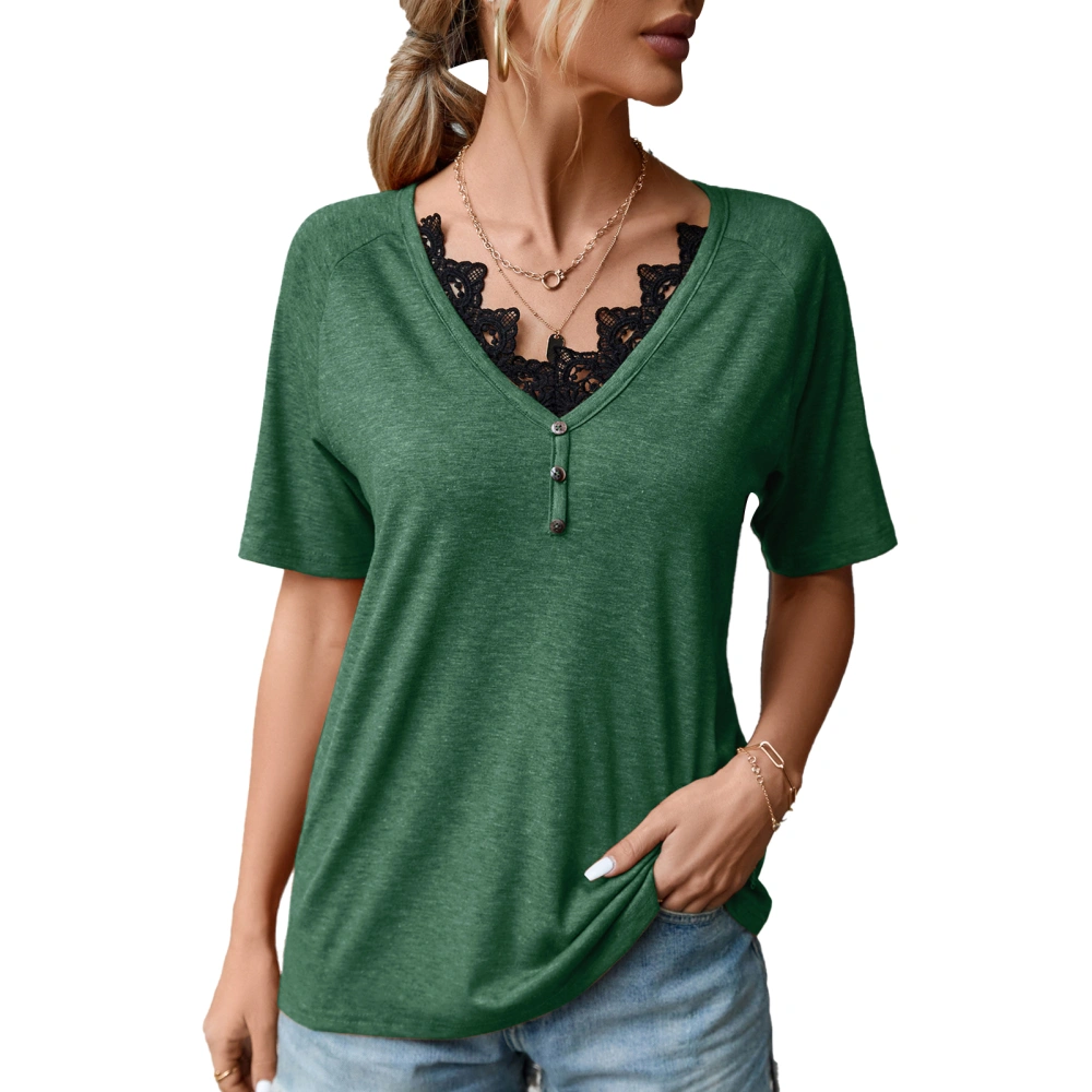 Women Lace V Neck Short Sleeve Shirt Summer Fashion Casual Slimming Women Summer Short Sleeve Blouse OD Green S