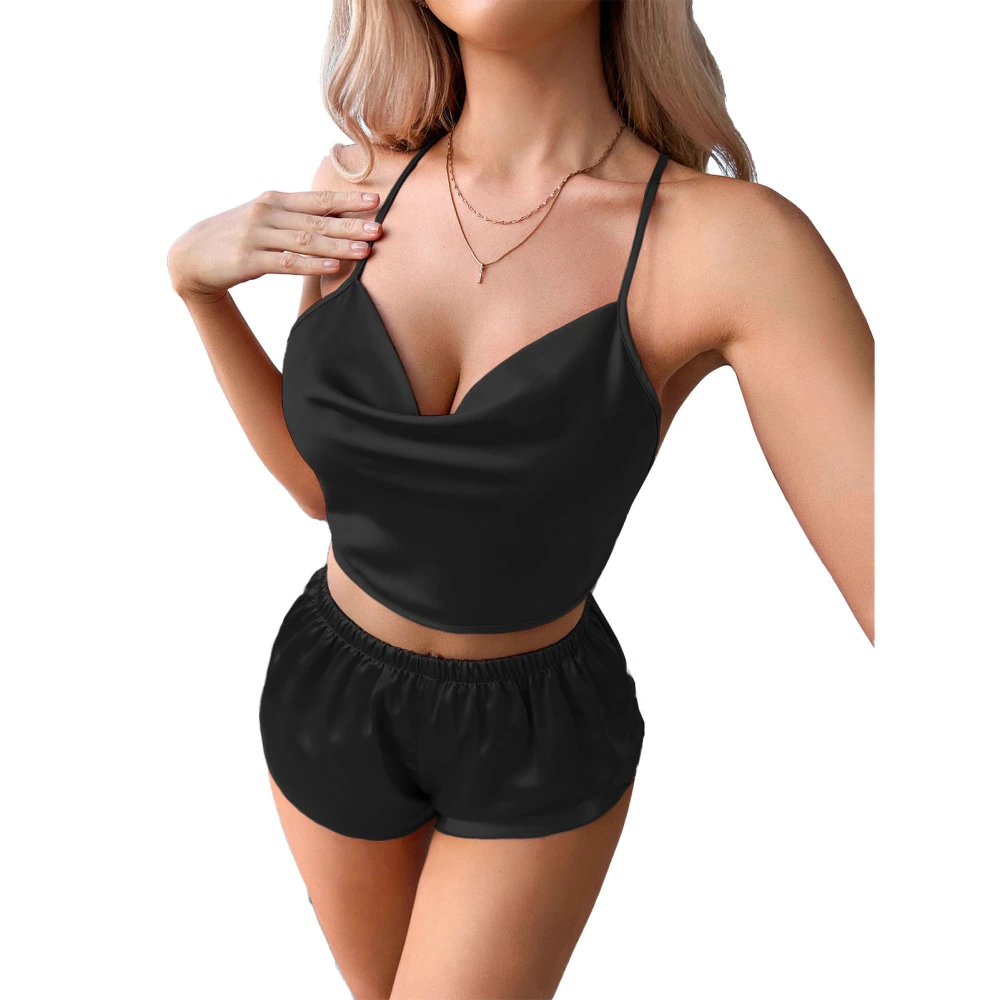 2 Piece Lingerie Sleepwear Spaghetti Strap V Neck Cross Tied Open Back Top Elastic High Waist Shorts Women Pajamas Set Black S