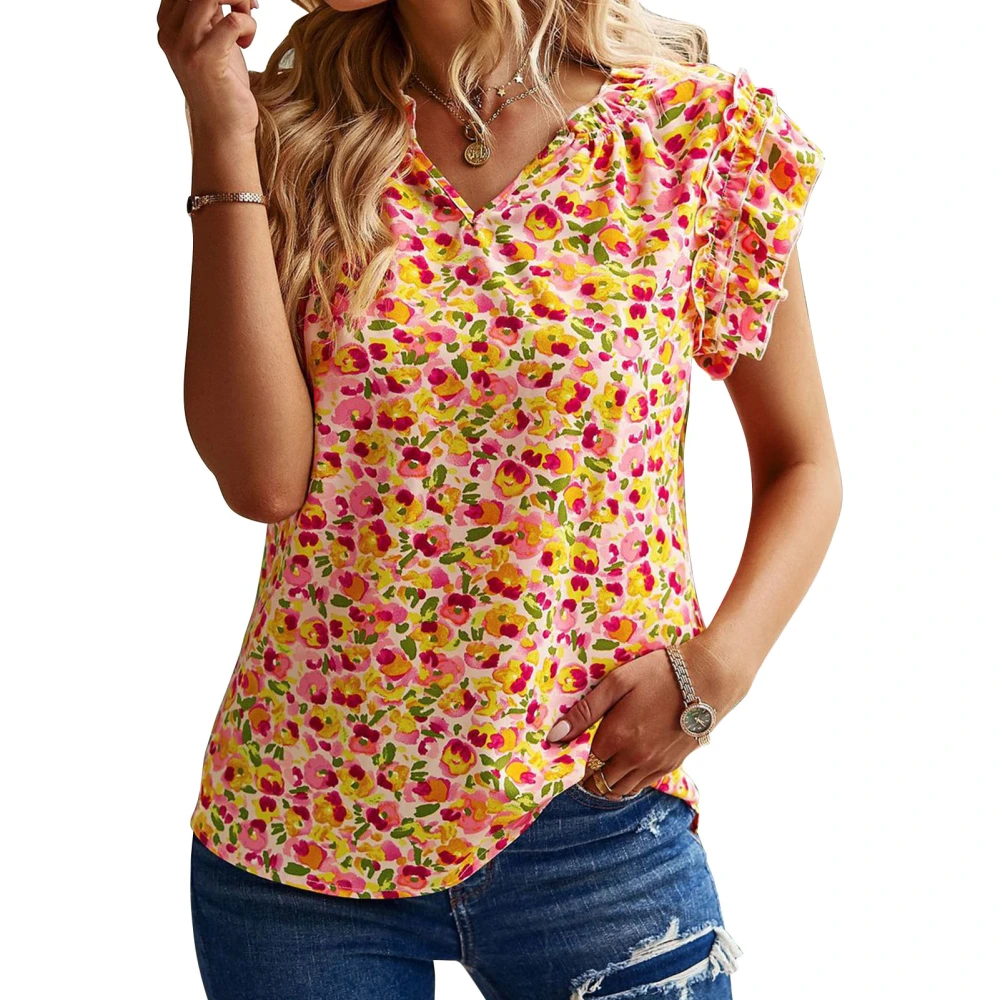 Floral Printed Blouse V Neck Ruffle Short Sleeve Casual Pattern Blouse Top for Spring Summer Pink S