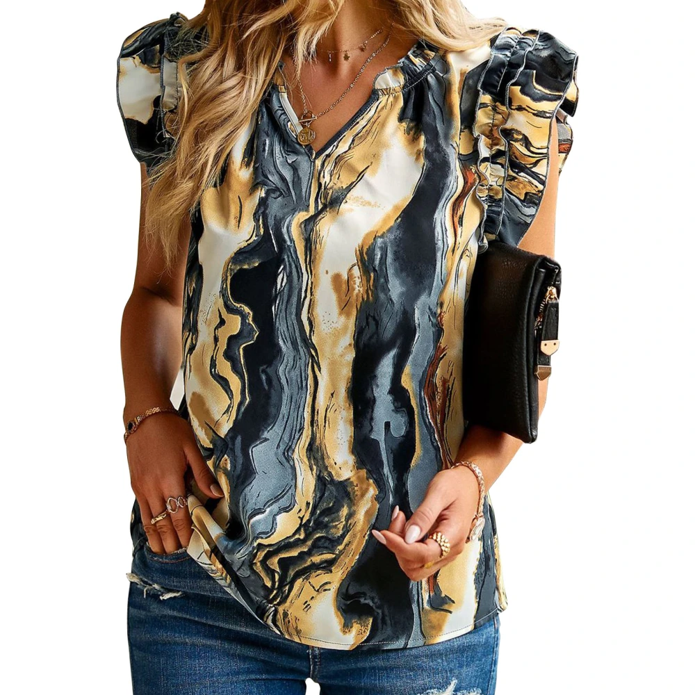 Floral Printed Blouse V Neck Ruffle Short Sleeve Casual Pattern Blouse Top for Spring Summer Blue M