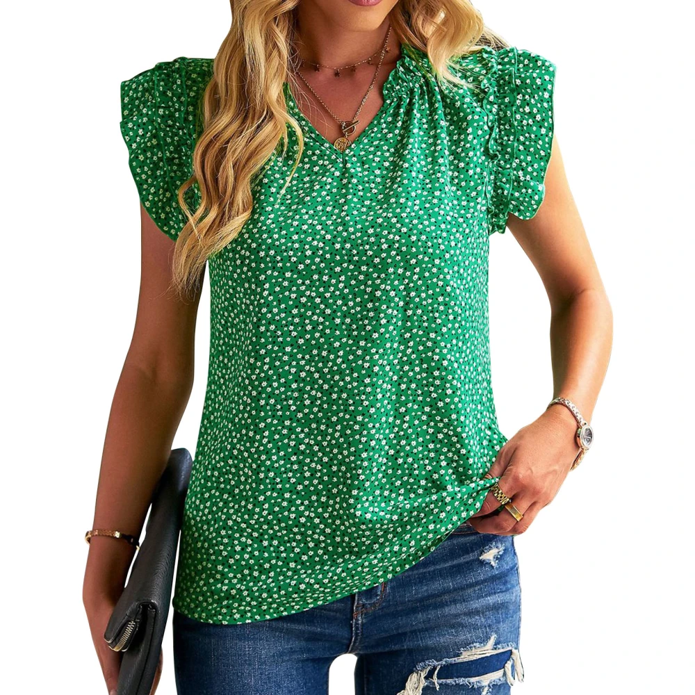 Floral Printed Blouse V Neck Ruffle Short Sleeve Casual Pattern Blouse Top for Spring Summer Green S