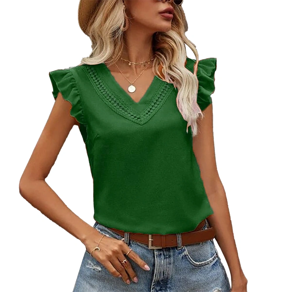 Ruffles Sleeveless Tops for Women Pure Colors Fashionable Casual V Neck Tops for Dating Shopping Green L