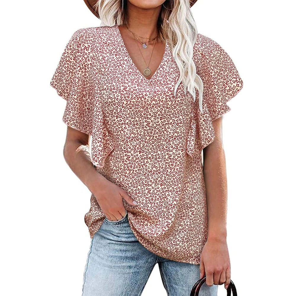 Women V Neck T Shirt Short Ruffled Sleeves Beautiful Printing Loose Type Summer Casual Top Flowers Red M