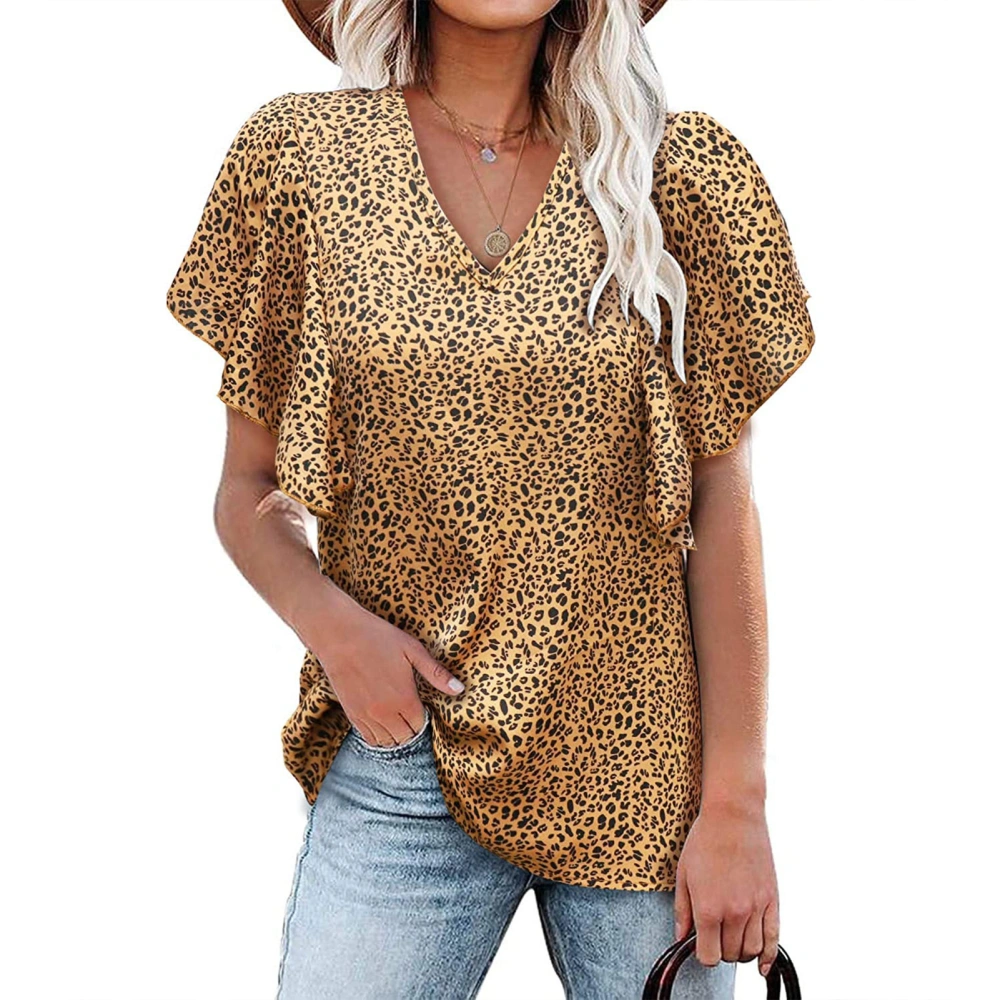 Women V Neck T Shirt Short Ruffled Sleeves Beautiful Printing Loose Type Summer Casual Top Leopard Print khaki XXL