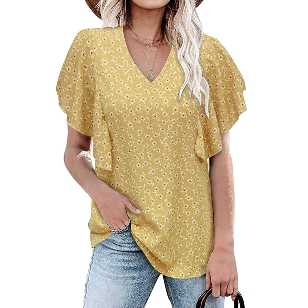 Women V Neck T Shirt Short Ruffled Sleeves Beautiful Printing Loose Type Summer Casual Top Yellow XXL