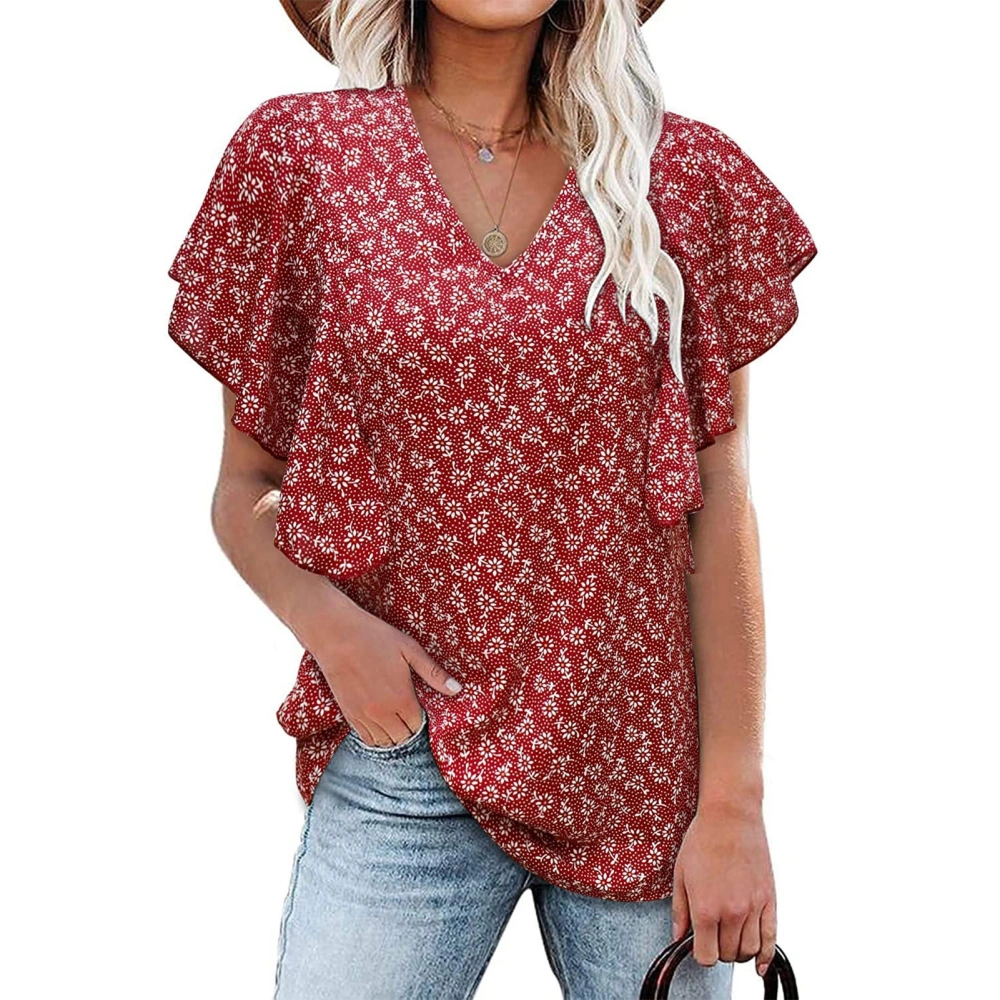 Women V Neck T Shirt Short Ruffled Sleeves Beautiful Printing Loose Type Summer Casual Top Red XL