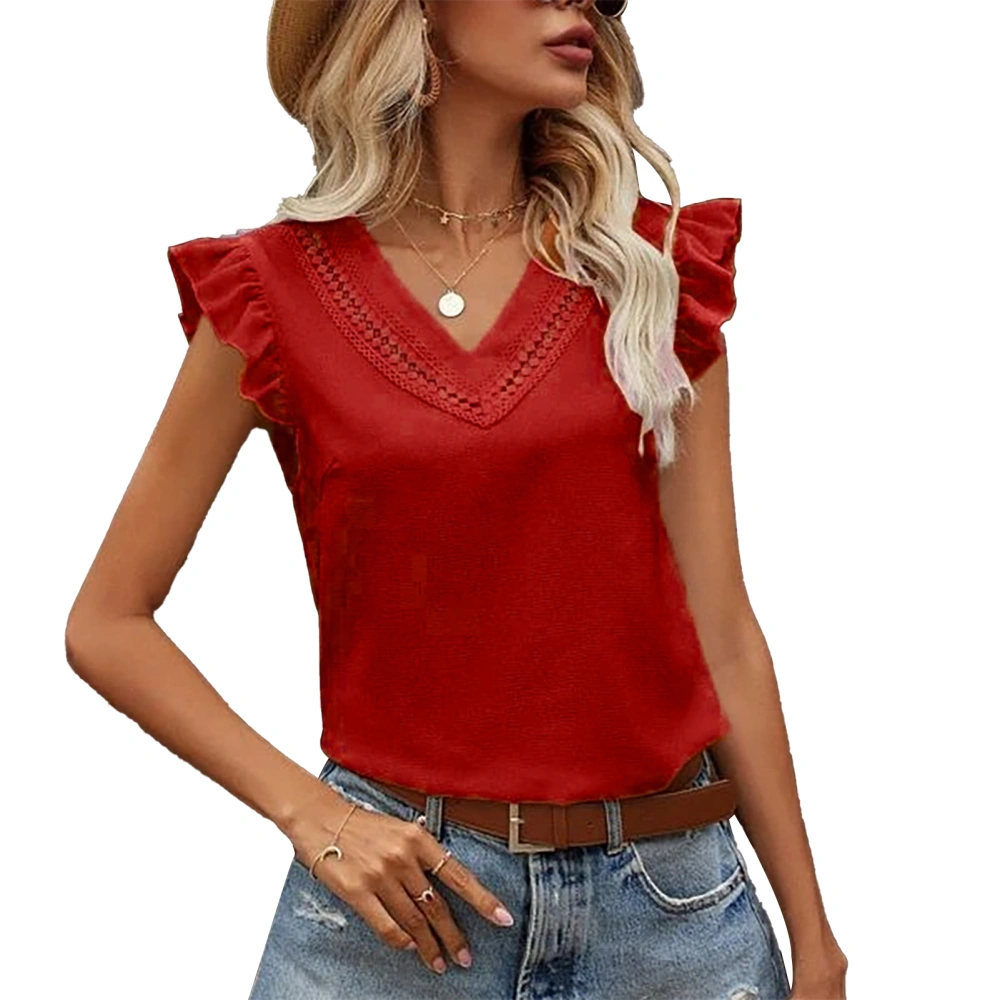 Ruffles Sleeveless Tops for Women Pure Colors Fashionable Casual V Neck Tops for Dating Shopping Red S