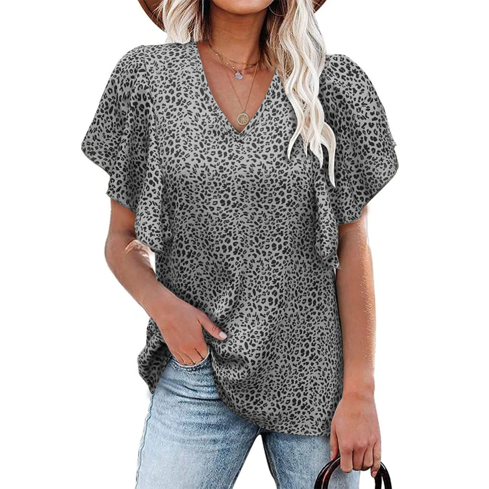 Women V Neck T Shirt Short Ruffled Sleeves Beautiful Printing Loose Type Summer Casual Top Leopard Print Grey XL