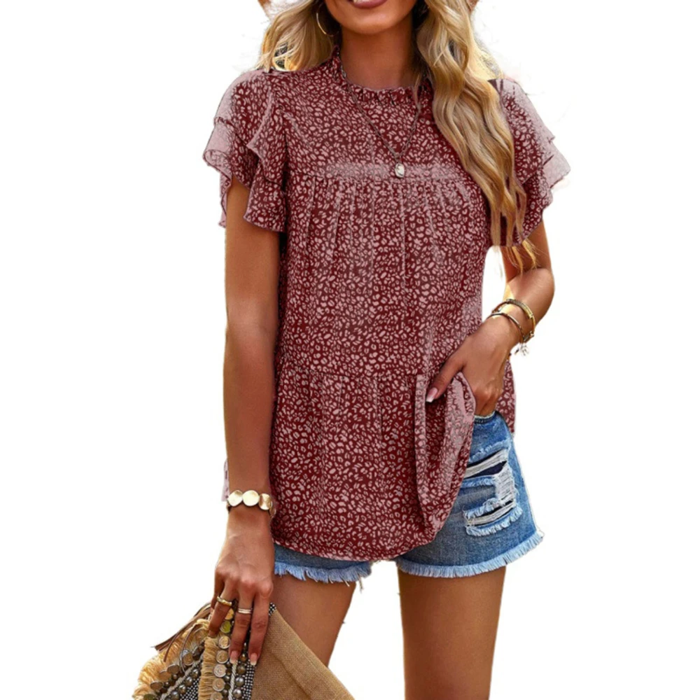 Women Blouse Crew Neck Ruffle Sleeve Flowy Printed Loose Fitting Casual Chiffon Top Red XL