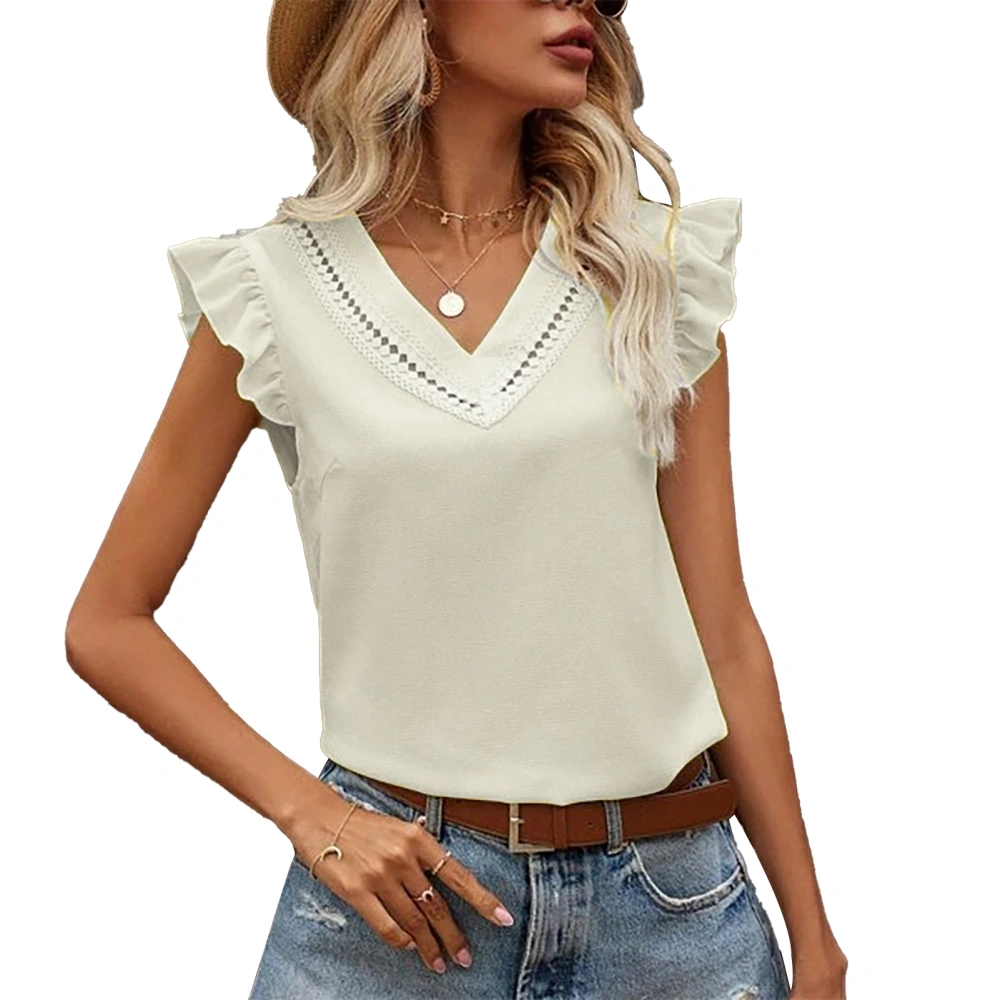 Ruffles Sleeveless Tops for Women Pure Colors Fashionable Casual V Neck Tops for Dating Shopping White M