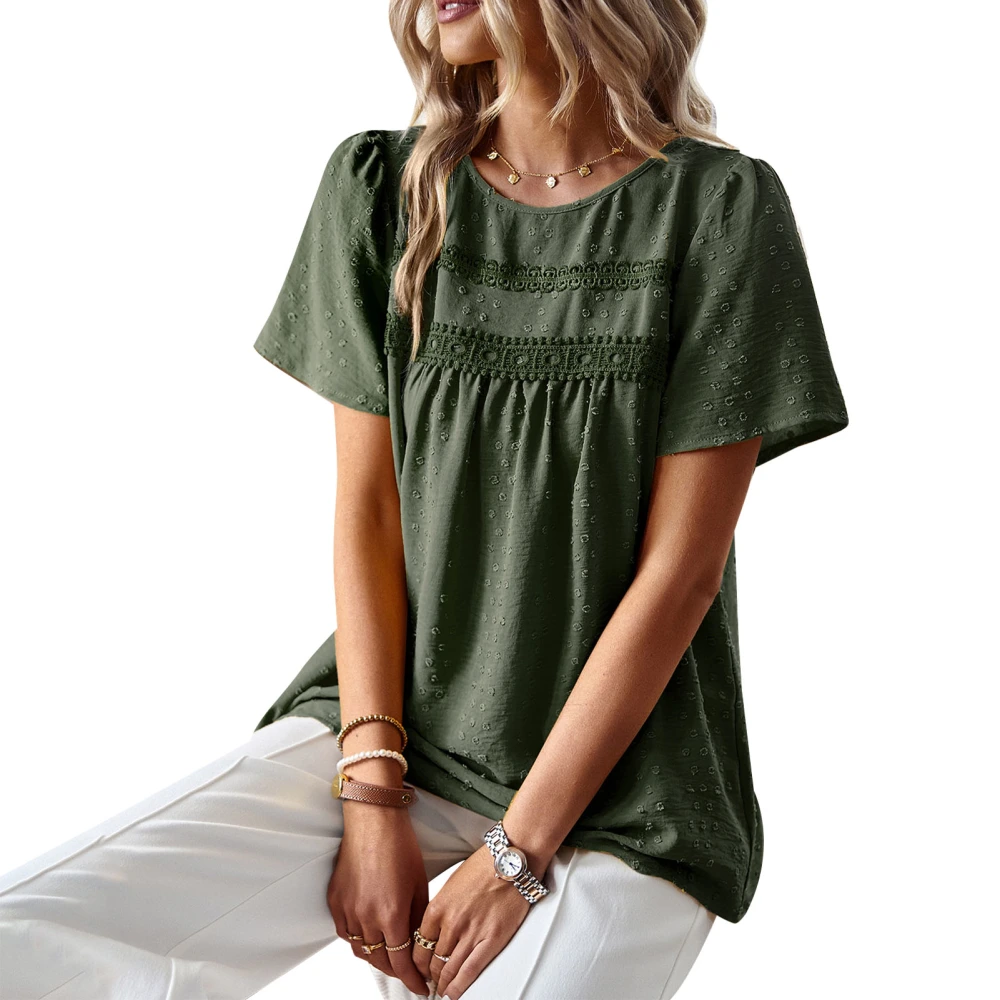 Short Sleeve Crewneck Top Women Elegant Casual Loose Pure Color Swiss Dot Lace Crochet Shirt Blouse Green L