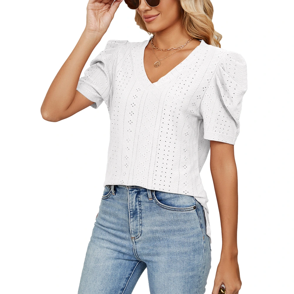 Women V Neck Top Puff Sleeve Shirt Short Sleeve Top Loose Hollow Out Slim Shirt White M