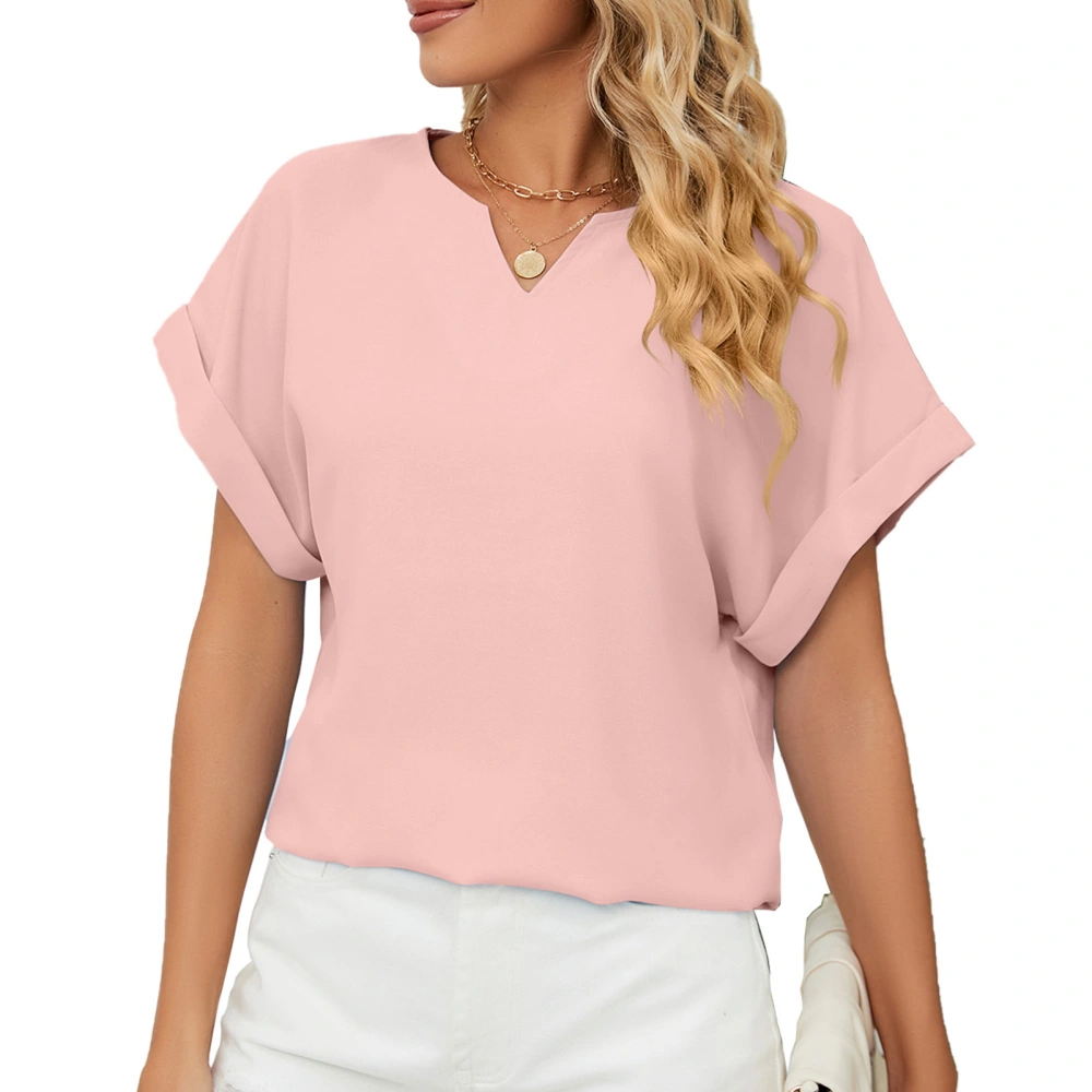 Plain T Shirt Short Batwing Sleeve V Neck Casual Simple Summer Top for Home Work Shopping Pink M