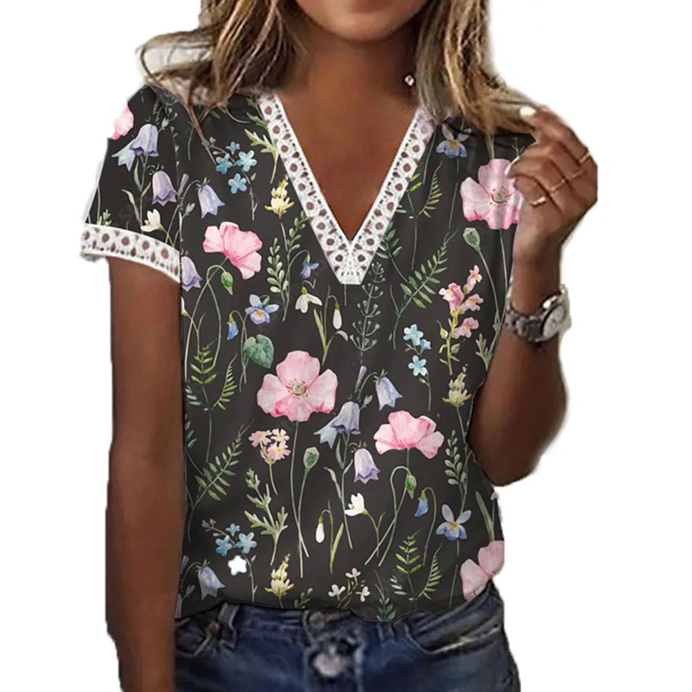 Women Floral Print Shirt Short Sleeve V Neck Lace Trim Stylish Women Shirt Top for Daily Work Dating Black L