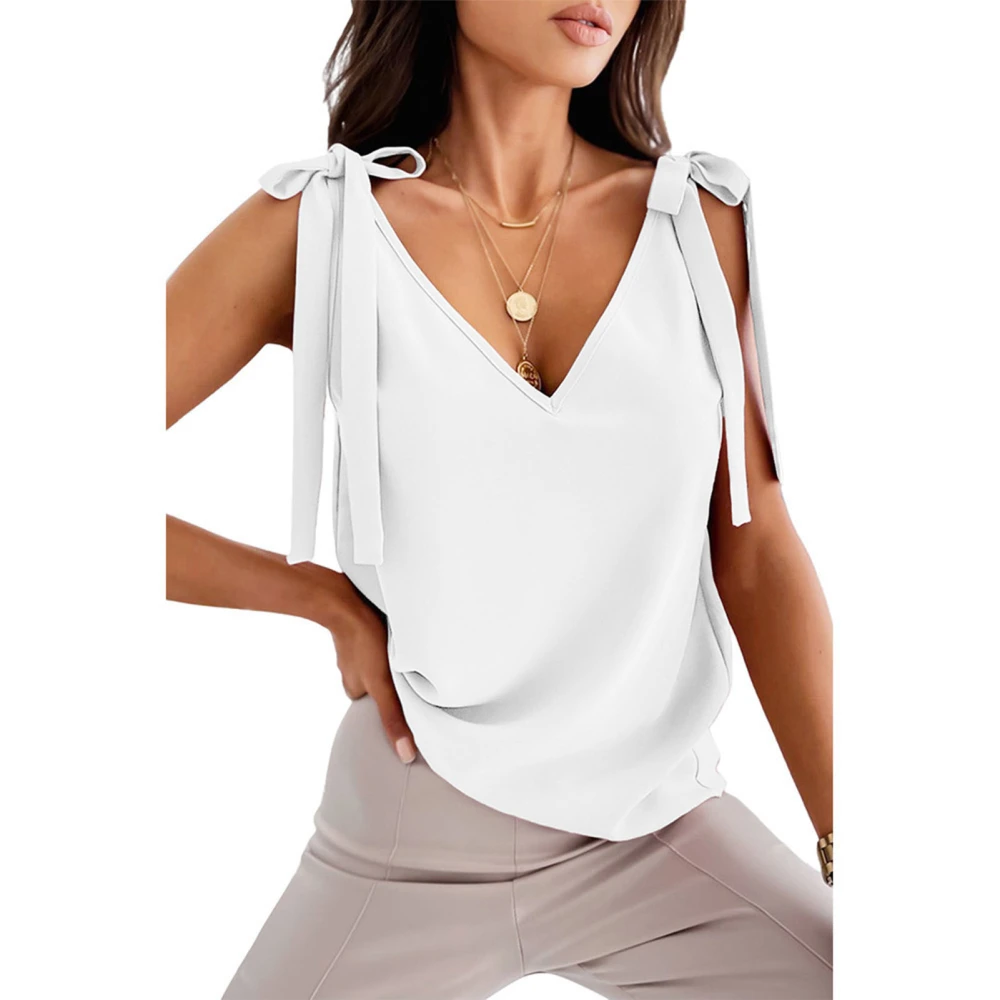 Tie Shoulder Strap Tank Top V Neck Top Sleeveles Blouse Slim Tie Up Shoulder Fit White XXL