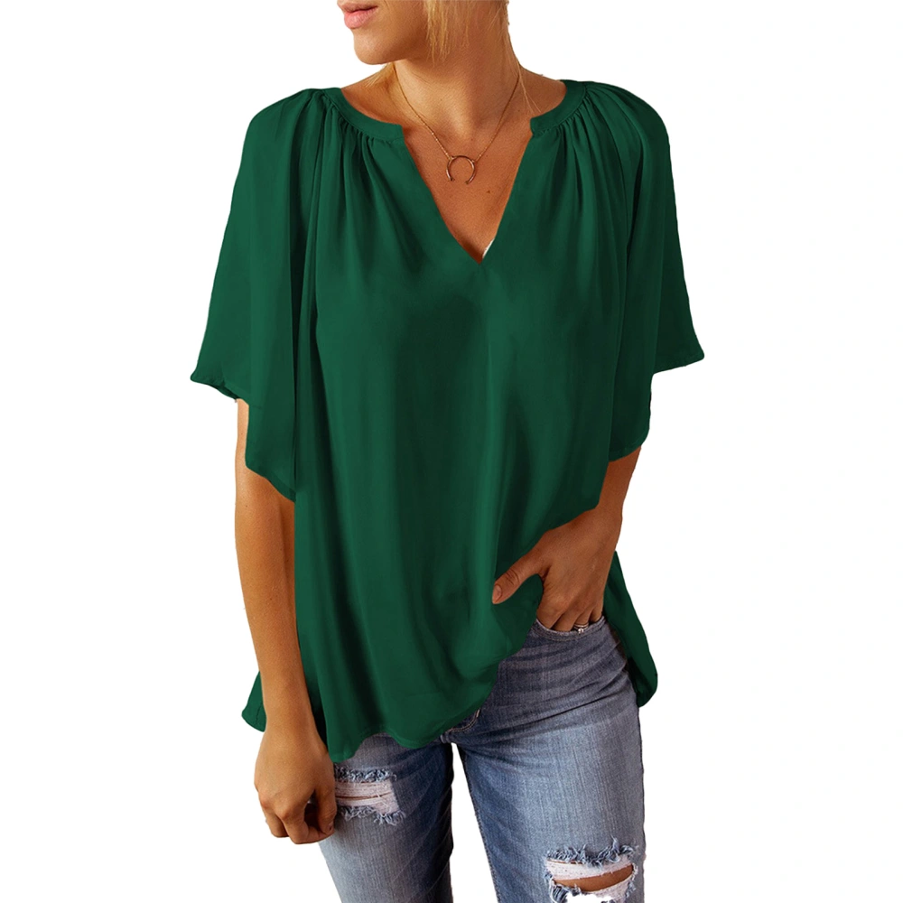 Loose V Neck Blouse Bell Short Sleeve Ruched Pure Color Pleated Shirt Top for Women Summer Green XL