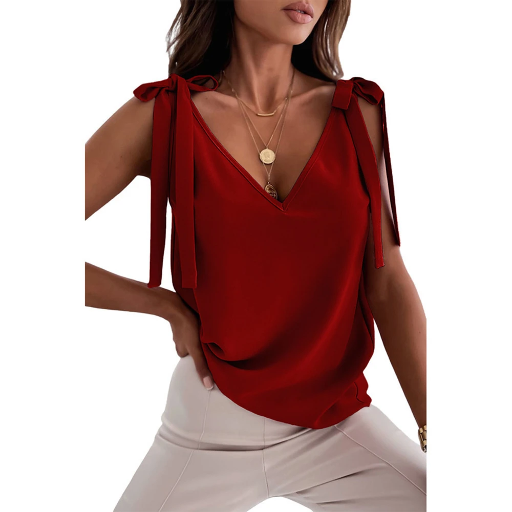 Tie Shoulder Strap Tank Top V Neck Top Sleeveles Blouse Slim Tie Up Shoulder Fit Red S